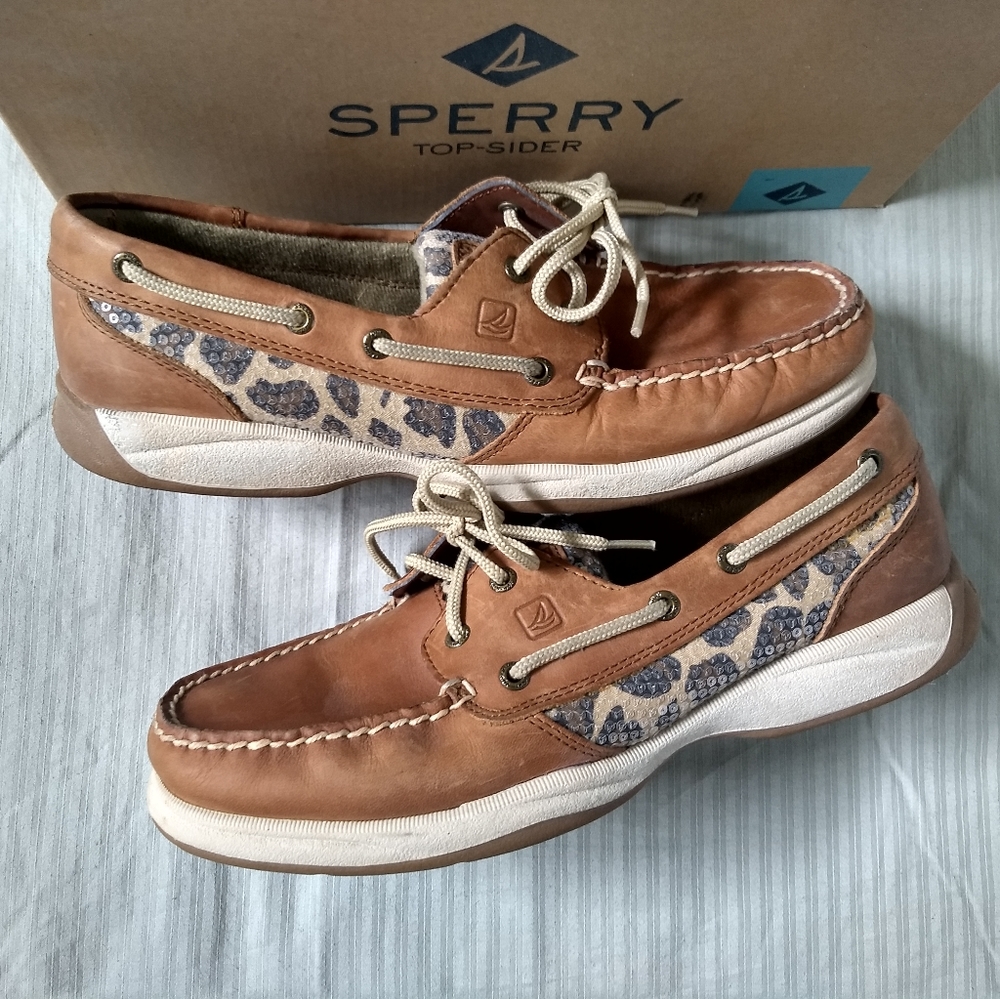 Sperry Leather Leopard Sequin Boat Shoes Size 9